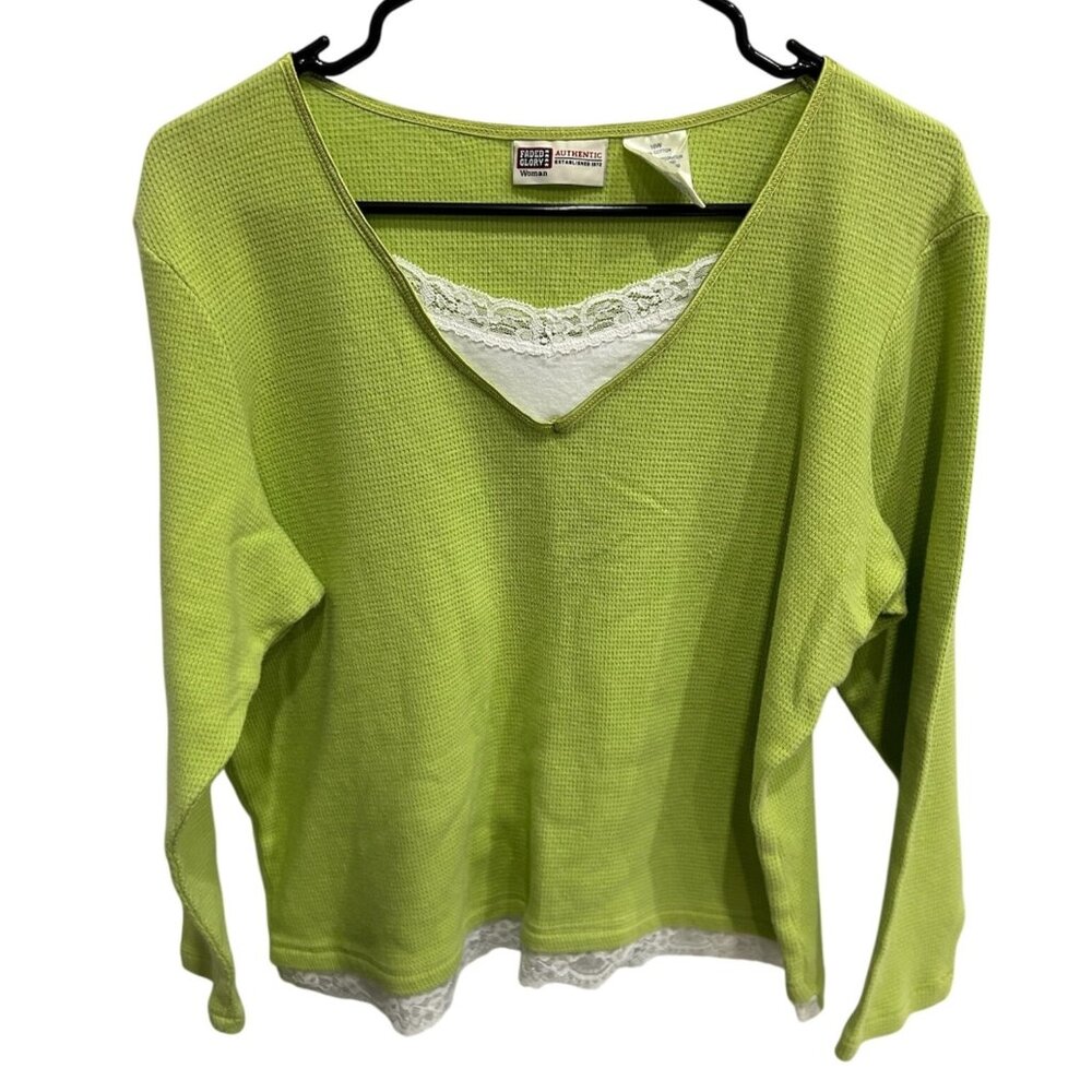 Faded Glory Lime Green Waffle Knit Long Sleeve Top Lace Hem Detail Size 16W